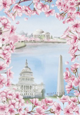 Washington D.C. 'de Ulusal Kiraz Çiçeği Festivali. Üzerinde kiraz çiçekleri ve ABD başkentinin simgeleri var. Suluboya çizimi. Robot resim. El çizimi. Yüksek kaliteli illüstrasyon