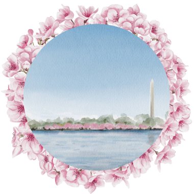 Washington 'daki Washington Anıtı Ulusal Kiraz Çiçeği Festivali. Pembe çiçekli çerçeve. Suluboya çizimi, el çizimi. Robot resim. Bir kartpostal ya da hatıra şablonu. 