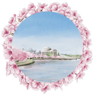 Washington 'da Kiraz Çiçeği Festivali. Sakura sırasında Jefferson Memorial. Arka planda pembe ağaçlar olan göl. Kartpostal ya da şablon geçmişi. Suluboya çizimi. El çizimi. Yüksek kaliteli illüstrasyon