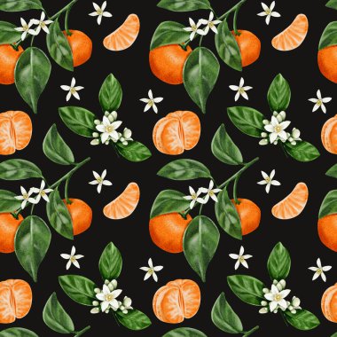 Mandalinalı kusursuz desen. Beyaz narenciye çiçekleri. Portakal meyvesi. Yapraklı dallar ve mandallı meyveler. Geçmişi olmayan suluboya resimler. El çizimi. Yüksek kaliteli illüstrasyon