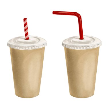 Plastik kapaklı ve kırmızı pipetli kağıt bardaklar. Beyaz çizgili kamış. Sokak yemekleri için sofra takımı. Suluboya çizimi arkaplandan izole edildi. El çizimi. Yüksek kaliteli illüstrasyon