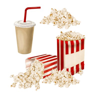 Kese kâğıdında popcon Snack olan çizimler. Kağıt bardakta samanla iç. Patlamış mısır döküldü. Kırmızı çizgili abur cubur paketi. Suluboya çizimi arkaplandan izole edildi. El çizimi. 