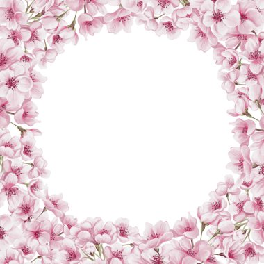 Pembe çiçek çerçevesi. Küçük kiraz çiçekleri. Pembe sakura. Yuvarlak metni olan kare şablon. Bahar havası. Geçmişi olmayan suluboya resimler. El çizimi. 