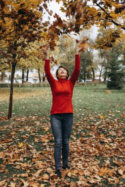 Parkta yürüyen bir kadın. Arka planda altın yapraklı ağaçlar yer alıyor ve rahat ve doğal atmosfere ekleniyor. Bu fotoğraf sonbaharın güzelliğini mi yansıtıyor? Doğanın basit zevkleri için mutluluk, rahatlama ve takdir duygusu verir.