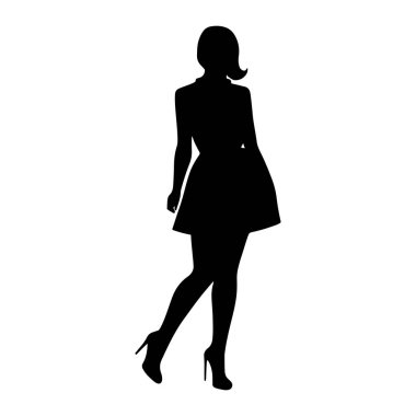 Vector Silhouette of a Standing Woman with Long Legs, Dressed in a Summer Dress and High Heels, Figure of a Young Girl, Sexy Profile, Black Color, Isolated on a White Background.