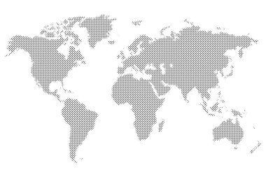 Siyah yarım tonlu noktalı dünya haritası. Vektör çizimi. Düz dizaynlı noktalı harita. Vektör illüstrasyonu beyaz arkaplanda izole edildi