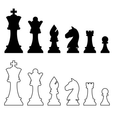 Satranç taşları ayarlandı. Masa oyunu. Siyah siluetler. Beyaz arkaplanda izole edilmiş web tasarımı için satranç vektör simgesinin ana hatları.