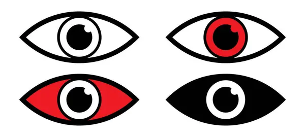 Bir stok vektöründe göz simgelerinden oluşan bir koleksiyon, görme sembolleri, retina tarama göz simgeleri, basit ve şeytani kırmızı gözler, ve göz siluetleri.