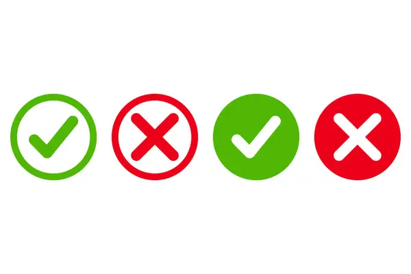 Yeşil onay işareti ve kırmızı haç simgelerini daire içine alın, kontrol listesi işaretleri, düz onay rozetleri, izole kene sembolleri. Vektör illüstrasyonu