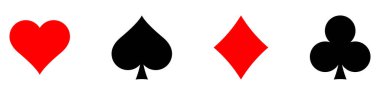 Kupa karo kulüpleri, maça imza fişleri. Oyun kartlarının takım elbisesi. Poker, kart oyunu, kumarhane sembolü vektör illüstrasyonu. Beyaz arkaplanda izole.