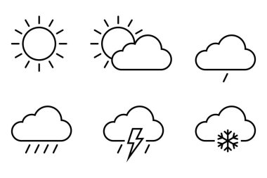 Hava durumu ikonu ayarlandı. Bulut logosu. Güneşli bir gün, kar taneleri, kar, rüzgar, yağmur, yağmur. Beyaz arkaplanda vektör ince çizgi simgesi koleksiyonu.