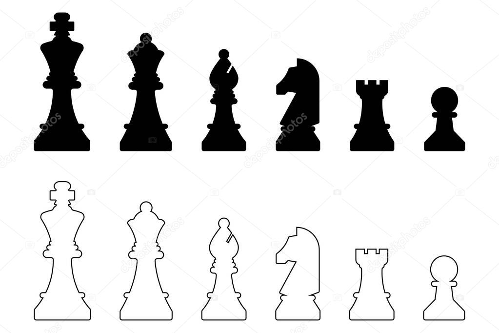 Chess piece icons set. Board game. Black silhouettes illustration. Outline set of chess vector icon for web design isolated on white background. King, queen, bishop, pawn, horse, knight, rook.