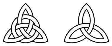 Triquetra işaret simgesi seti. Yaprak, Kelt sembolü gibi basit siyah çizgi vektörü Trikvetra düğümü. Düz dövmeli imaj için üç Viking kabilesinin gücüyle daire şeklinde..