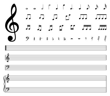 Müzik notaları simgesi seti. Siyah not sembolü. Üçlü anahtar, bas, keskin, doğal, düz, ölçü, bar, stave, beş çizgi, ölçü. Vektör illüstrasyonu.