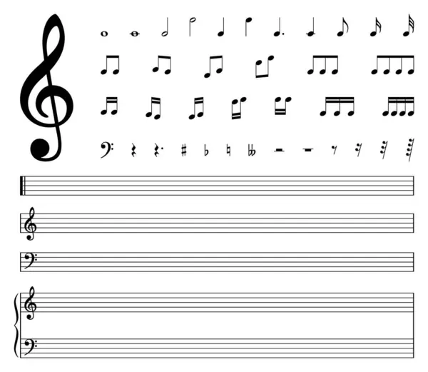 Müzik notaları simgesi seti. Siyah not sembolü. Üçlü anahtar, bas, keskin, doğal, düz, ölçü, bar, stave, beş çizgi, ölçü. Vektör illüstrasyonu.