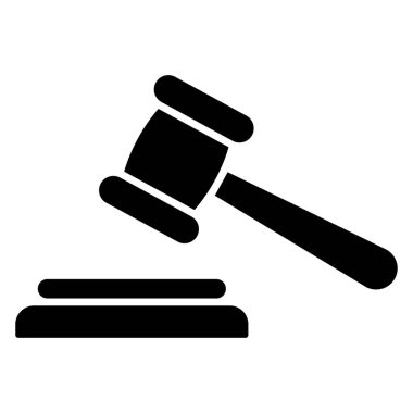 Yargıç, yargı ya da müzayede çekici ikonu. Yargıç Tokmak imzası. Hukuk sembolü. Siyah siluet. Vektör illüstrasyonu.