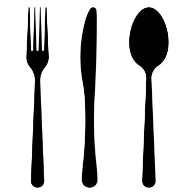 Çatal bıçak seti. Kaşık, çatal, çatal, bıçak. Siyah siluet. Logot menüsü. Masa takımı düz stil. Yemek servisi koleksiyonu. Vektör illüstrasyonu