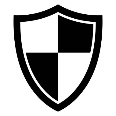 Kalkan vektör simgesi düz şekilde. Koruma, güvenlik sembolü. İmza, logo ya da amblem. Üzerinde beyaz haç olan siyah beyaz bir kalkan. Vektör illüstrasyonu