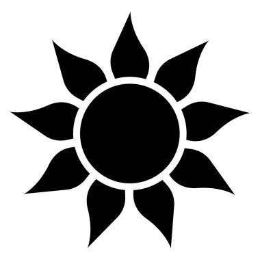 Işın vektör ikonuyla stilize edilmiş güneş. Uygulamalar ve web siteleri için güneş ışığı veya ekran parlaklığı resim simgesi. Siyah siluet.