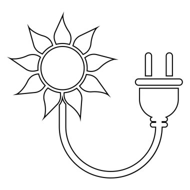 Güneş enerjisi vektör simgesi. Çevre elektriği işareti. Güneş ışınları yayıyor ve kablo siyah siluet takıyor. Yenilenebilir güneş enerjisi kavramı.