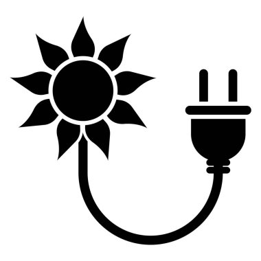 Güneş enerjisi vektör simgesi. Çevre elektriği işareti. Güneş ışınları yayıyor ve kablo siyah siluet takıyor. Yenilenebilir güneş enerjisi kavramı.
