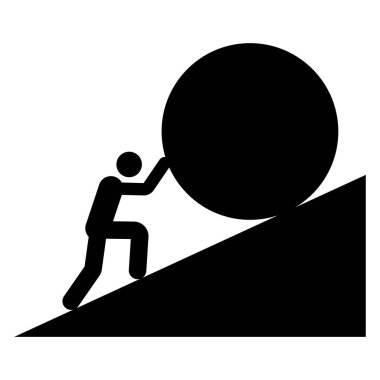 Güçlü Adam büyük kayayı yokuş yukarı itiyor. Yorgunluk kavramı, çaba, kararlılık ya da çetin savaş. Siyah siluet. Vektör simgesi.