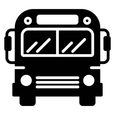 Otobüs vektör simgesi. Toplu taşıma sembolü. Okul otobüsü tabelası. Siyah siluet. Ön manzara. Otobüsle seyahat..