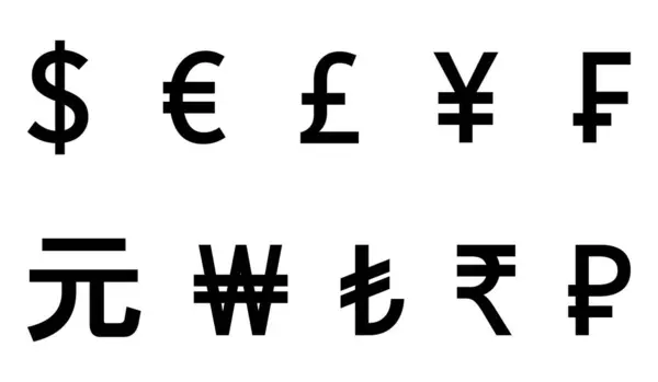 Uluslararası para birimi simgesi seti. Dolar, Euro, Pound, Ruble, Rupi, Yen, Yuan, Franc, Won, Renminbi, Turkish lira se. Vektör