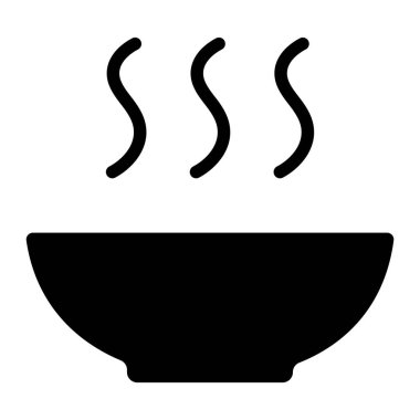 Kase vektör ikonunda sıcak çorba. Sıcak yemek, kahvaltı, öğle yemeği, akşam yemeği, yemek. Restoran aşçılık sembolü. Siyah siluet.