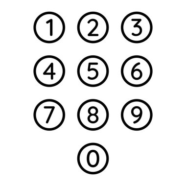 Sayı sembolü vektör simgesi ayarlandı. Sayılar daire şeklinde. Eğitim için Pictogram koleksiyonu. 0, 1, 2, 3, 4, 5, 6, 7, 8, 9.