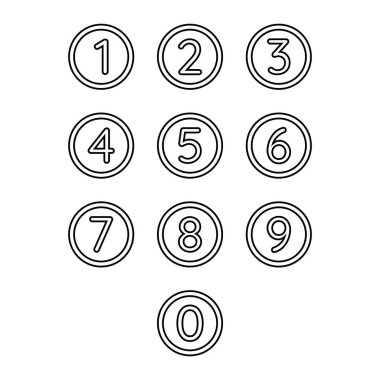 Sayı sembolü vektör simgesi ayarlandı. Sayılar daire şeklinde. Eğitim için Pictogram koleksiyonu. 0, 1, 2, 3, 4, 5, 6, 7, 8, 9.
