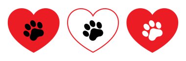 Pati izi vektör simgesi olan kırmızı kalp. Evcil hayvan aşk sembolü. Köpek ya da kedi pençe izi çizimi. Hayvan ayak izi..