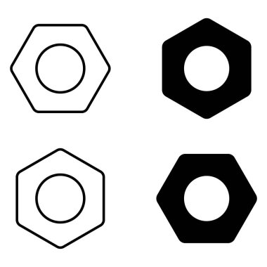 Ceviz cıvata vektör simgesi ayarlandı. Altıgen fındık siyahı siluet ve tasarım tarzı. Beyaz arkaplanda izole.