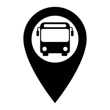 Otobüs vektör simgesiyle harita işaretleyicisi. Otobüs durağının lokasyon sembolü. Haritada işaretle. Küresel konumlandırma sistemi GPS pictogram.