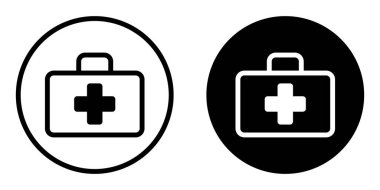 İlk yardım çantası vektör simgesi ayarlandı. Daire şeklinde tıbbi çanta. Ambulans çantası sembolü. Tıbbi evrak çantası, kutu işareti. İlaç, acil durum..