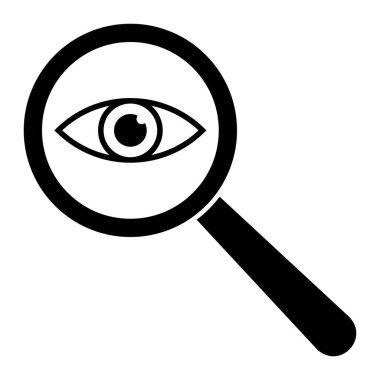 Büyüteç vektör ikonlu bir göz. Hoparlördeki göz. Bilgi araması, araştırma. Yakından bak. Beyaz arkaplanda izole.