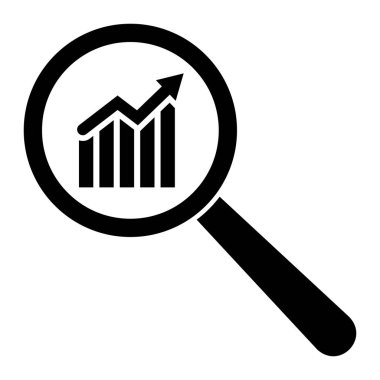 Grafik vektör simgesini ara. Finansal tahmin, analiz ve öngörü, iş araştırmaları. Büyüteç, büyüteç ve grafik diyagramı.