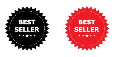 Siyah ve kırmızı çok satan rozet vektör simgesi seti. En çok satan pul sembolü. Yıldız patlaması tanıtım etiketi ve yıldız kenarı. Özel teklif tanıtım şablonu ögesi.