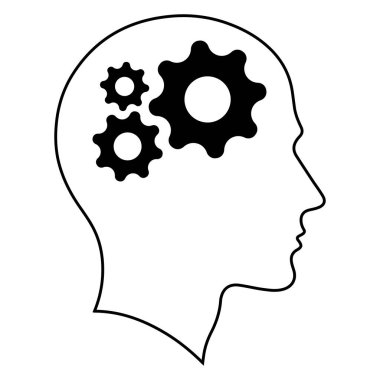 Kritik düşünme ve zeki problem çözme becerilerini temsil eden vektör simgesi. Vites dişlileri kafada. İnsan, insan kafası silueti. Uygulamalar ve web siteleri için sembol.