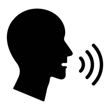 Ses kontrol vektör simgesi. Ses tanıma konsepti. Konuşan sembol. Konuşan insan işareti, ağzı açık ve ses dalgası olan adam. Konuşma komutu resim grafiği.