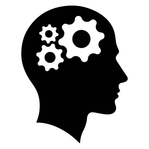 Kritik düşünme ve zeki problem çözme becerilerini temsil eden vektör simgesi. Vites dişlileri kafada. İnsan, insan kafası silueti. Uygulamalar ve web siteleri için sembol.