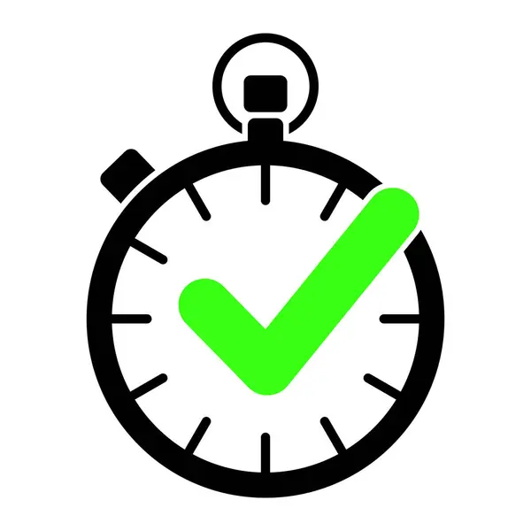 İşaretli vektör ikonlu kronometre. Yeşil işaretli zaman göstergesi. Hızlı onay. Hızlı işlem ve transfer işareti. Zaman yönetimi ve verimlilik kavramı. Beyaz arkaplanda izole.