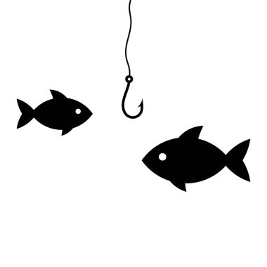 Balık oltası ve balık vektör ikonu. Balıkçılık, olta yemi, yakalama sembolü. Beyaz arkaplanda siyah siluet çizimi izole edildi.