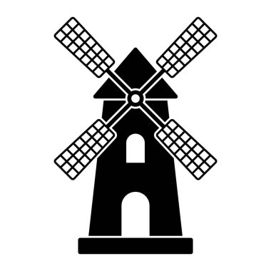 Yel değirmeni ikonu. Tahıl değirmeni, rüzgar enerjisi, kırsal tarım, tarım ya da eko enerji sembolü. Beyaz arkaplanda siyah siluet izole edildi.