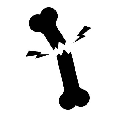 Kırık kemik vektörü ikonu. Kırık tıbbi yaralanma sembolü ve acı izleri. Beyaz arkaplanda siyah siluet çizimi izole edildi.