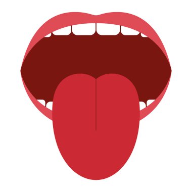 Dil vektör illüstrasyonuyla ağzını aç. İnsan anatomisi, oral sağlık, tıbbi, diş, konuşma ya da tat kavramı. Beyaz arkaplanda izole.