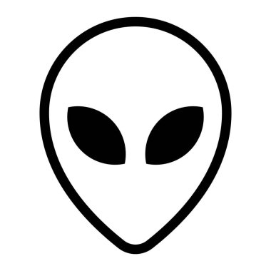 Uzaylı yüz vektör simgesi. Dünya dışı kafa sembolü, bilim kurgu yaratığı, bilim kurgu, fantezi ya da uzay teması için UFO silueti. Beyaz arkaplanda siyah ana hat izole edildi.