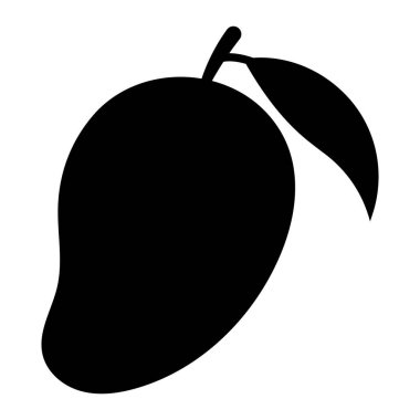 Mango meyve ikonu. Yaz için yapraklı siyah egzotik meyve silueti, sağlıklı yiyecek, meyve suyu, meyve suyu veya organik ürün tasarımı. Vektör illüstrasyonu, izole.