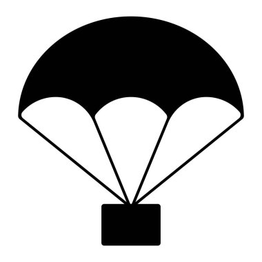Paraşüt teslimat kutusu simgesi. Kara hava indirme silueti, lojistik nakliye paketi, kargo paraşütü, insansız hava aracı nakliyesi. Vektör illüstrasyonu, izole.