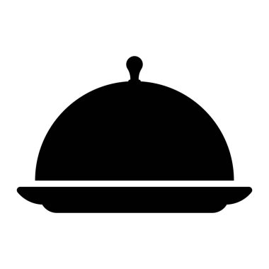 Cloche tepsisi ikonu servis ediliyor. Yemek servisi, gurme servisi, menü ya da şef sunumu için restoran yemek tabağı silueti. Vektör illüstrasyonu, izole.
